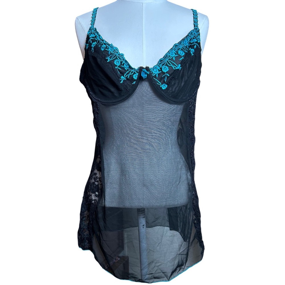 Y2K Lingerie XL Black Teal Floral Embroidered Sheer Lace Babydoll Chemise